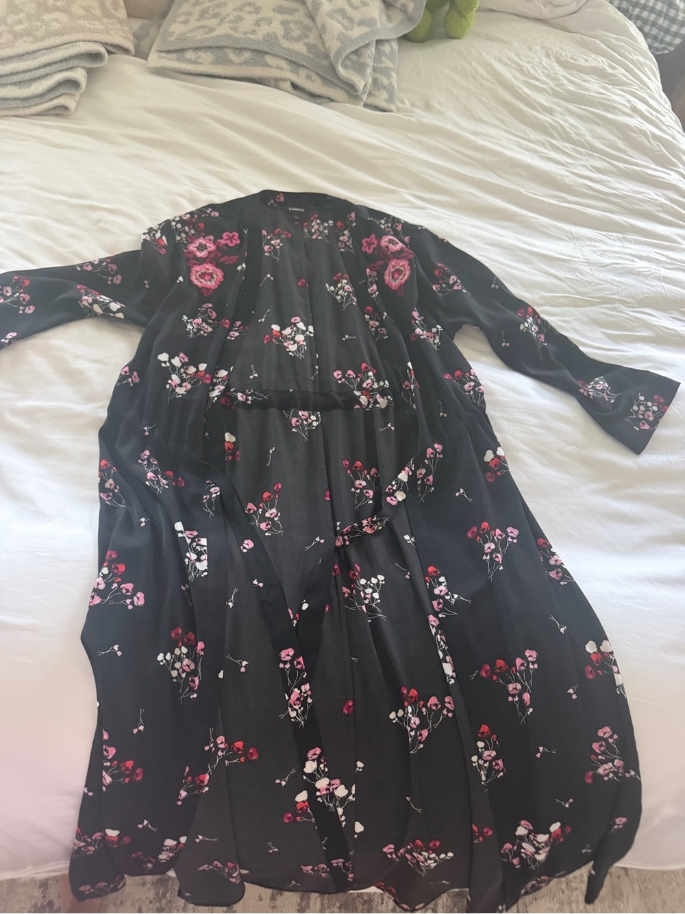 Express Black Floral Longline Duster with Pink Accents